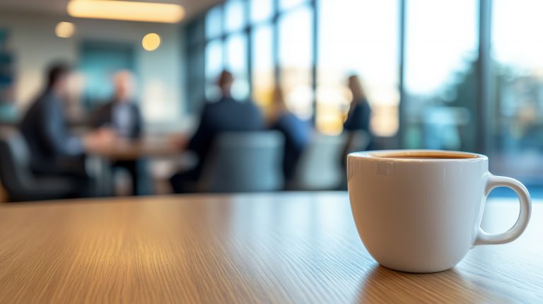 Coffee cup in foreground with course taking place in background